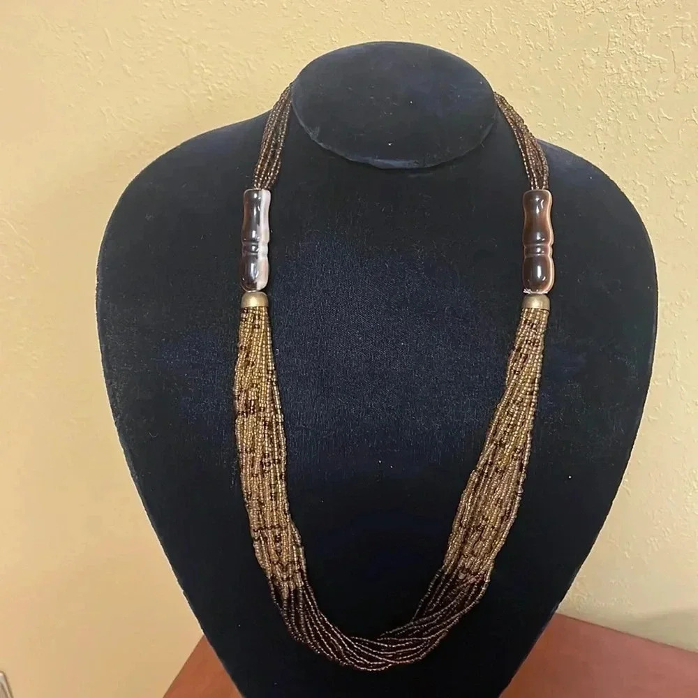 Brown multi strand beaded necklace‎